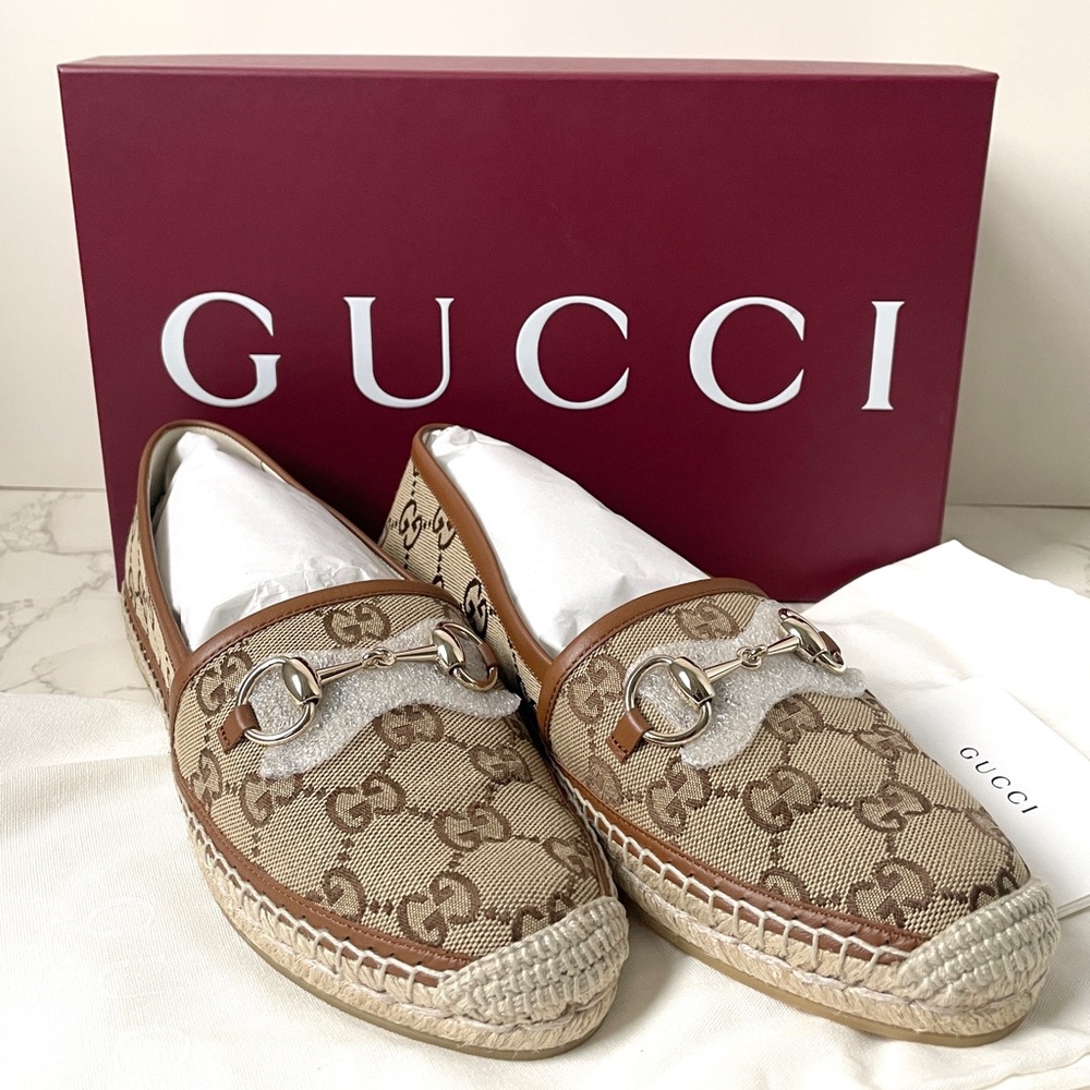 New Gucci Womens Espadrilles Brown Camel GG Canvas Size 38 - Picture 2 of 13